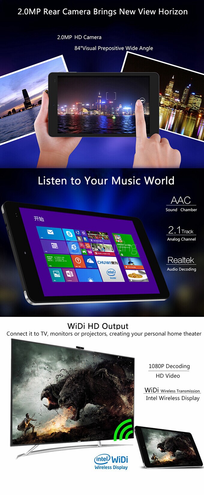 CHUWI Vi8 Plus 8 Inch Dual OS Windows8.1 + Android4.4 Tablet 2GB/32GB Intel Z3735F Quad Core 1.83GHz IPS 1280*800 Bluetooth OTG WiFi - Black