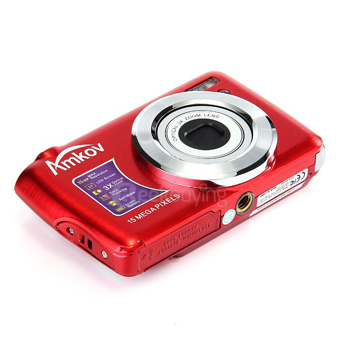 Amkov 2.7inch LCD 15.0MP Digital Camera 4X Digital Zoom AntiShake Smile Capture - Red