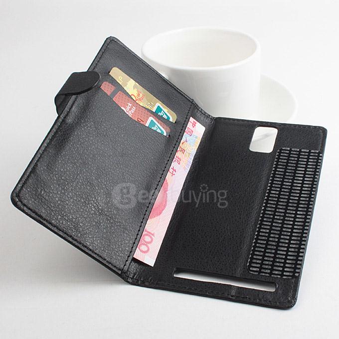 LingMao Protective Hard Cover Flip Stand Leather Case with Card Slots for Mijue M880 - Black