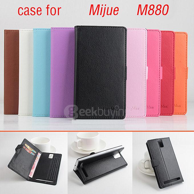 LingMao Protective Hard Cover Flip Stand Leather Case with Card Slots for Mijue M880 - Black