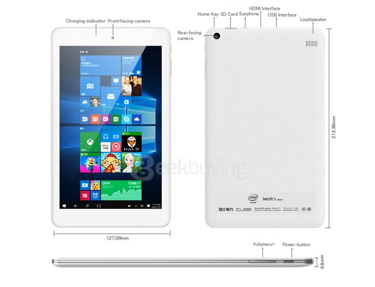 Cube iWork8 Ultimate 8 Inch Windows10 Multi-language Version 2GB/32GB Tablet PC Intel Cherry Trail Z8300 Quad Core 1.84GHz IPS 1280*800 Bluetooth HDMI WiDi - White
