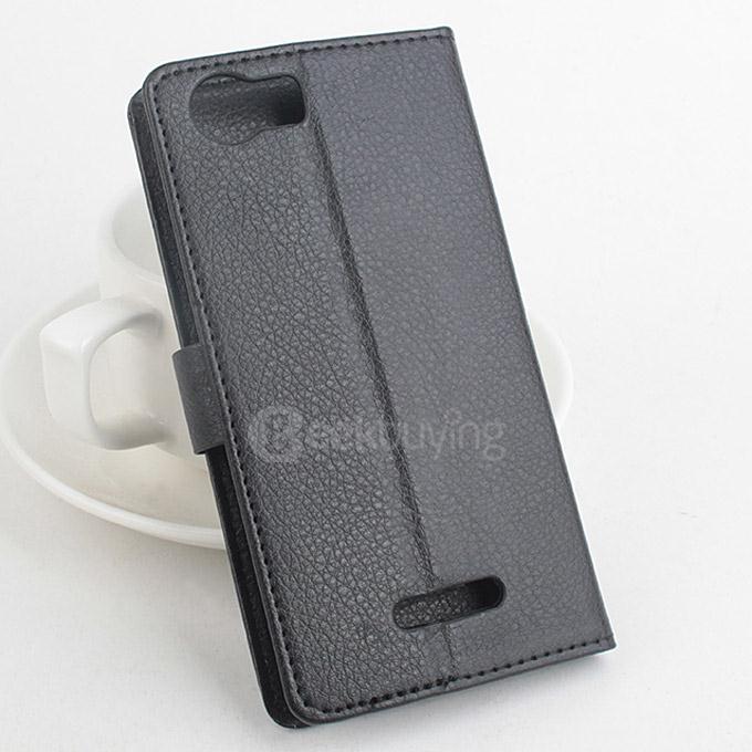 LingMao Protective Hard Cover Flip Stand Leather Case with Card Slots for micromaxUnite 3 Q372 - Black