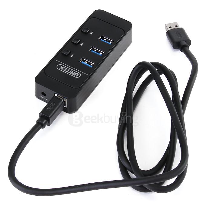 UNITEK Y-3072BK Portable USB3.0 4 Ports USB Hub Fast Charging Sync Data Strip With Switches - Black