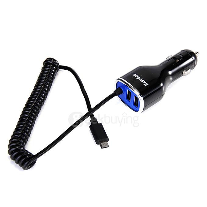 EasyAcc® 25W 5A 3-Port with Coiled Micro USB Cable Car Charger for Samsung Apple Android Smartphones Tablets - Black