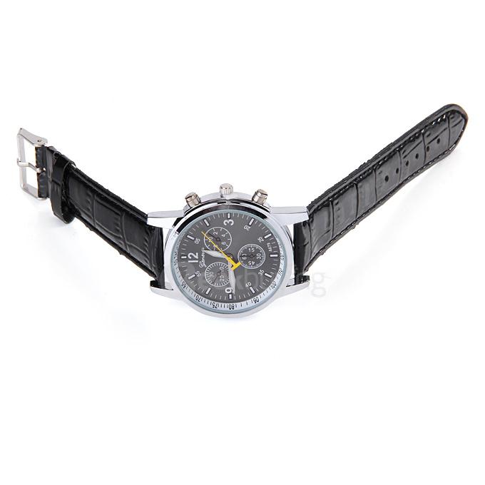 Casual Round Case PU Band Unisex Quartz Analog Wrist Watch Mechanical Watch - Black