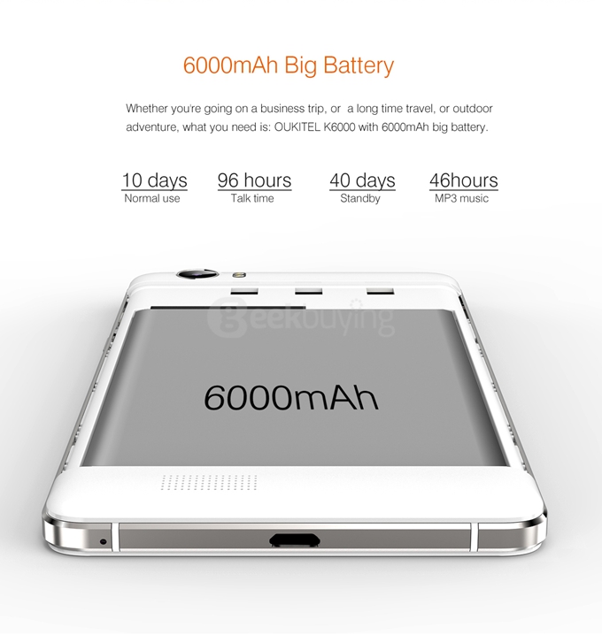 Oukitel K6000 5.5inch IPS HD 4G LTE 6000mAh Android 5.1 Smartphone 64-Bit MT6735 Quad Core 2GB 16GB 13.0MP - White