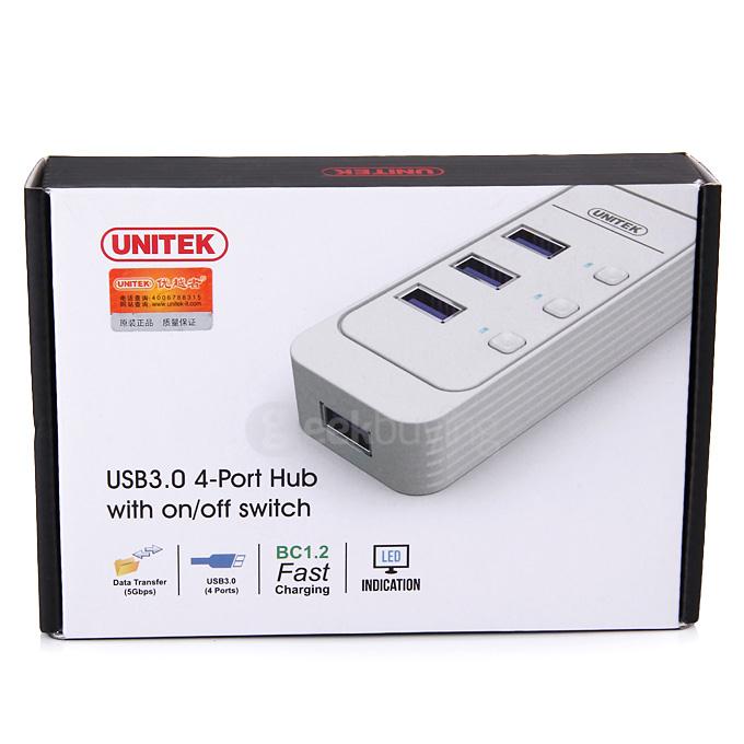 UNITEK Y-3072BK Portable USB3.0 4 Ports USB Hub Fast Charging Sync Data Strip With Switches - Black