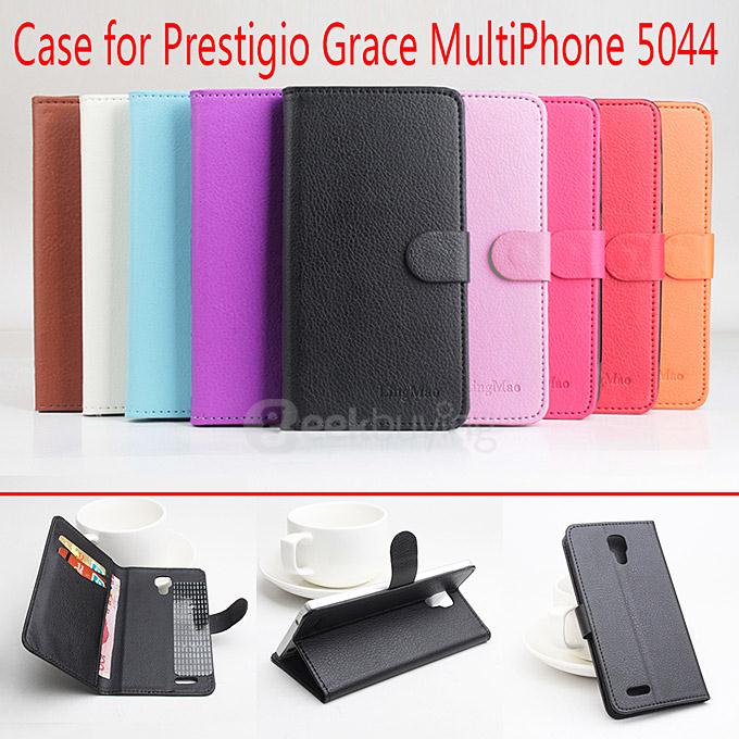 LingMao Protective Hard Cover Flip Stand Leather Case with Card Slots for Prestigio Grace MultiPhone 5044 - Purple