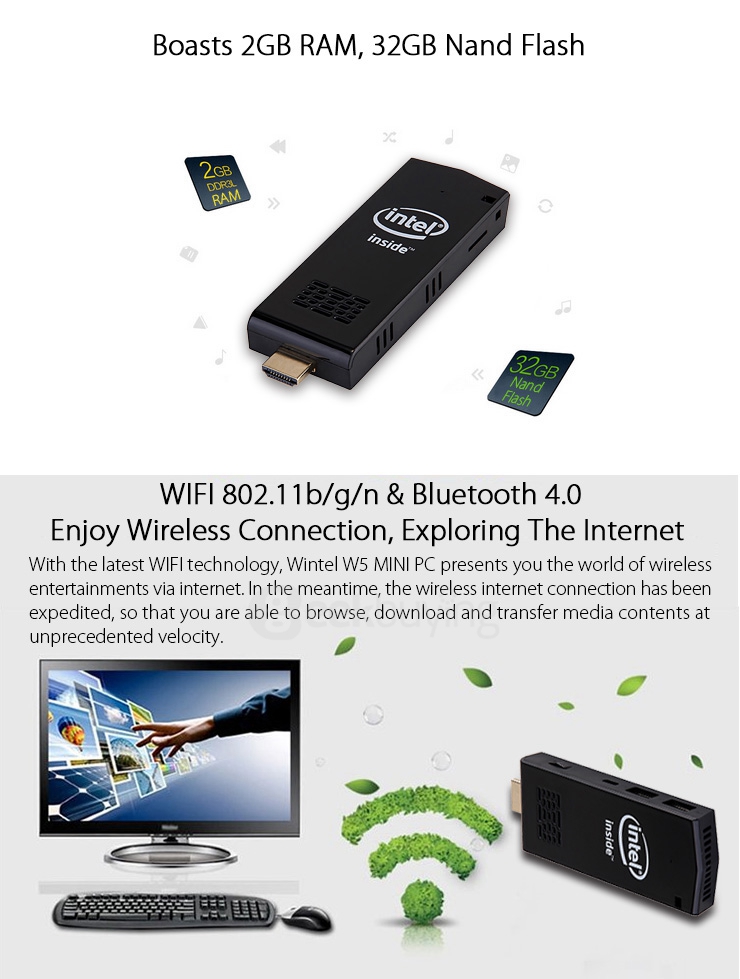 Wintel W5 Dual Boot Intel Mini PC Windows10 Android 4.4 Z3735F Quad Core 64Bit 2G/32G 802.11 b/g/n Bluetooth 4.0 HDMI