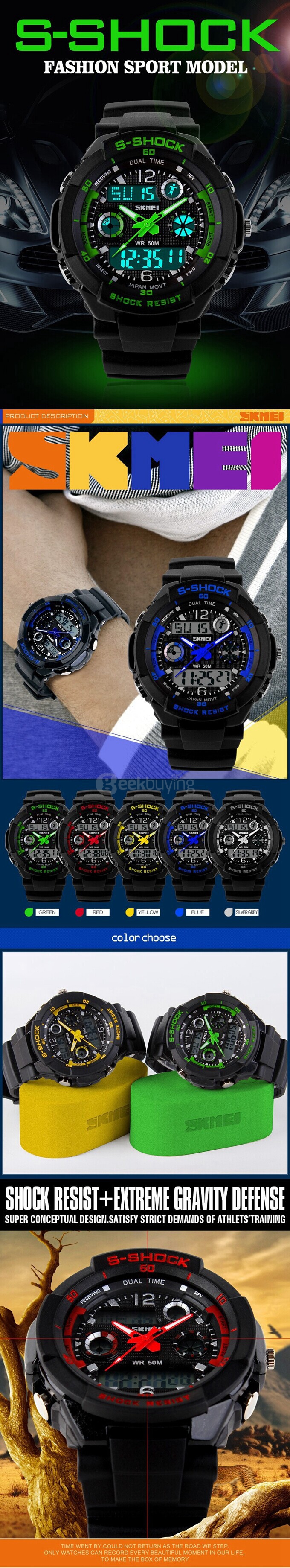 SKMEi 0931 Fashion Men Military Sports Watch 50M Waterproof Anolog Digital LED Quartz Electronic Wristwatch - Silver+Grey