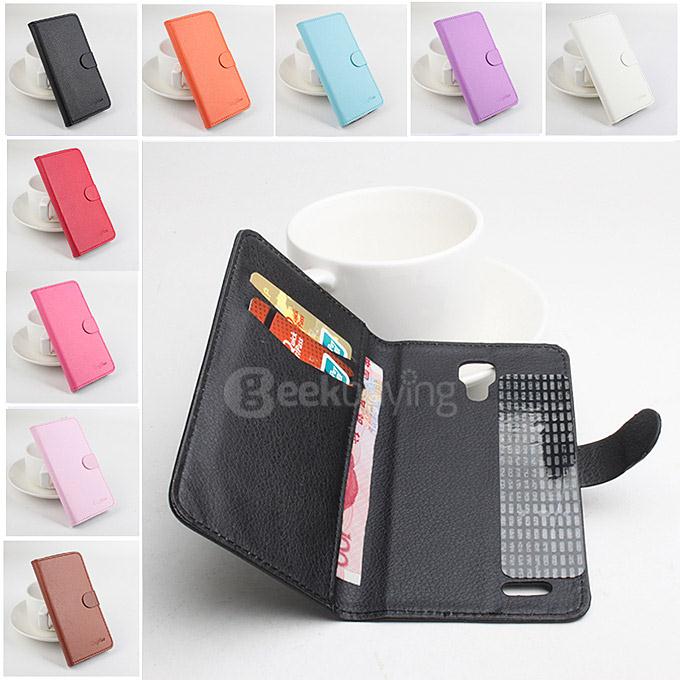 LingMao Protective Hard Cover Flip Stand Leather Case with Card Slots for Prestigio Grace MultiPhone 5044 - Purple