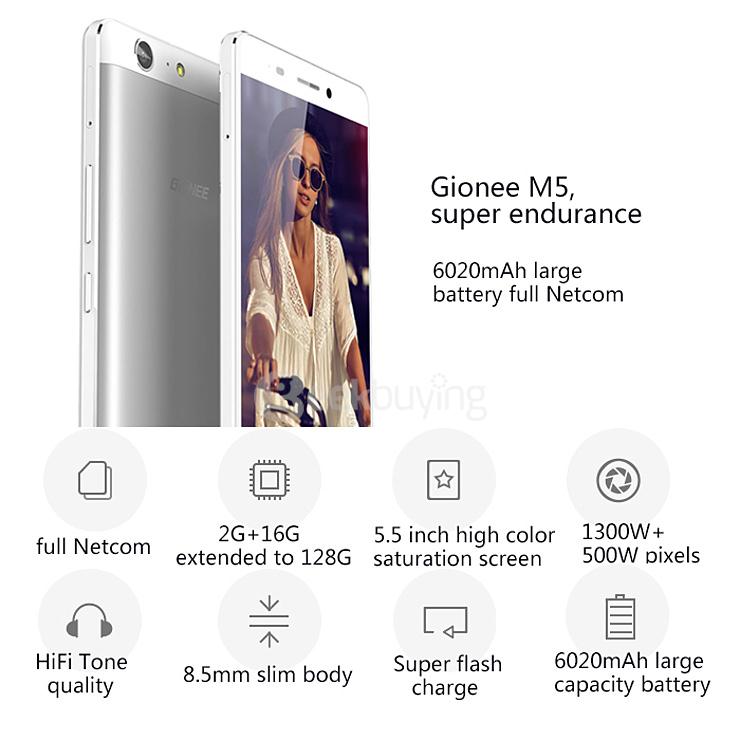 GIONEE M5 5.5inch HD 4G 6020mAh Battery Smartphone Android 5.1 64bit MTK6735 Quad Core 2GB 16GB 13.0MP OTG HiFi - Gold