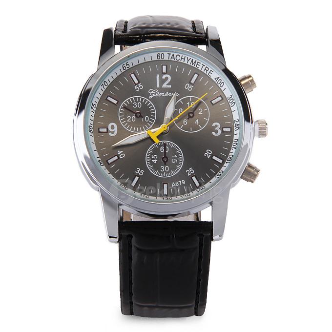 Casual Round Case PU Band Unisex Quartz Analog Wrist Watch Mechanical Watch - Black