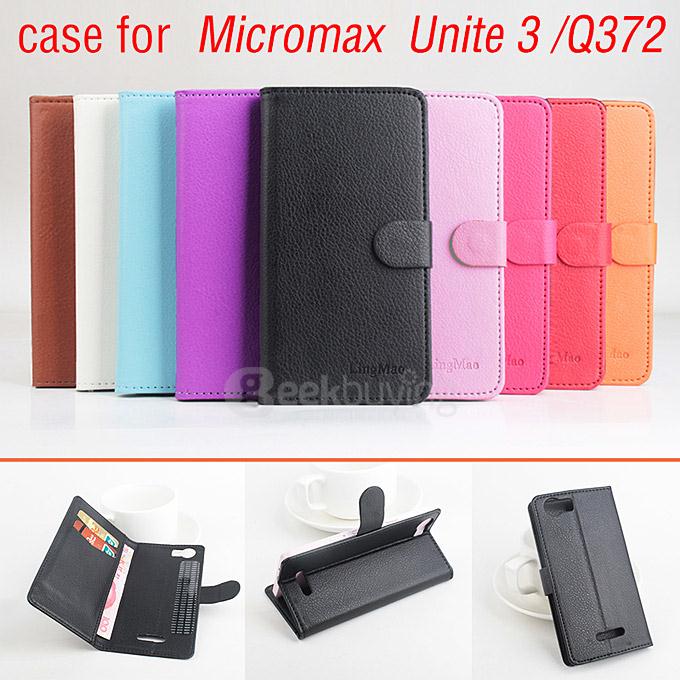 LingMao Protective Hard Cover Flip Stand Leather Case with Card Slots for micromaxUnite 3 Q372 - Black
