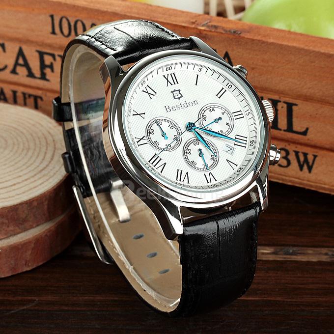 BESTDON BD9917G Men's Waterproof Watch Roman Numerals Quartz Watch with Leather Strap / Calendar / Three Small Dials