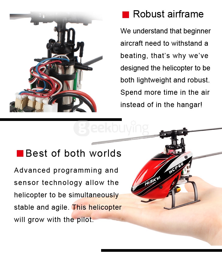 Hisky HCP60 6CH Mini RC Helicopter Flybarless 2.4G 6 Axis Gyro