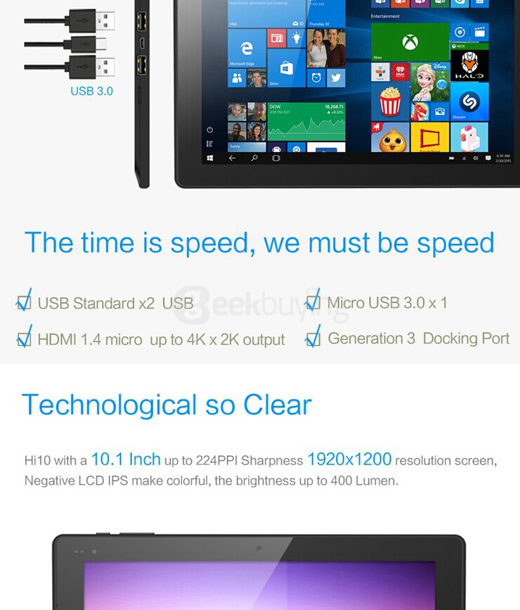 CHUWI Hi10 10 inch Intel Cherry Trail Z8300 Dual OS Windows10 + Android 5.1 4GB/64GB 2in1 Tablet Quad Core 1.84GHz IPS 1920*1200 - Black