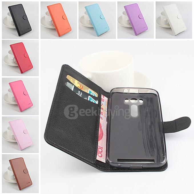 LingMao Protective Hard Cover Flip Stand Leather Case with Card Slots for ASUS Zenfone 2 Laser ZE500KL - Orange