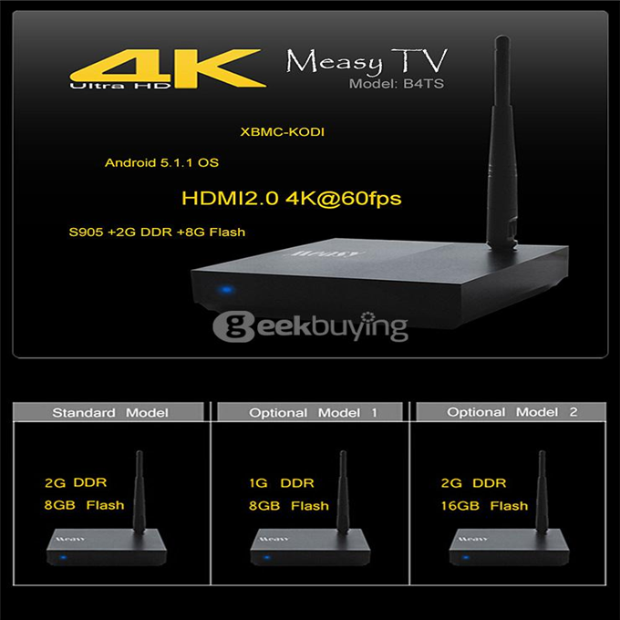 Measy B4TS Amlogic S905 TV BOX Android 5.1.1 Quad Core 1G/8G WIFI Gigabit LAN Bluetooth4.0 HDMI2.0 4K KODI 3G