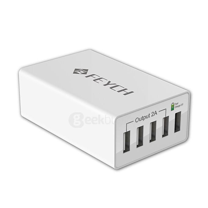 FETCH Quick Charge 2.0 50W 5Ports USB Charger Power Adapter for Smartphones - White