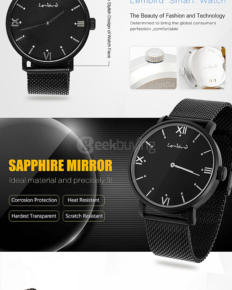 Lembird Free O2 Bluetooth 4.0 Smart Watch with Sapphire Crystal Dial/ 12 LED Lights/ Imported 751 Movt/ Fitness Sports Tracker/ Diet Management - Black