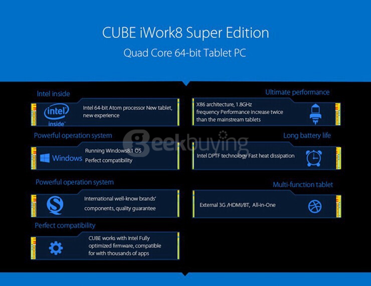 Cube iWork8 Ultrapad Dual Boot 2GB/32GB Tablet PC Win 8.1 + Android 4.4 Intel Z3735F Quad Core 1.8GHz 8