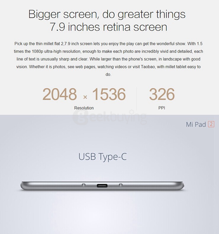 Xiaomi MiPad 2 Android5.1 Tablet PC 2GB/64GB 7.9 Inch Intel Cherry Trail Z8500 Quad Core 2.2GHz IPS 2048*1536 Type-C Bluetooth 4.1 - Pink