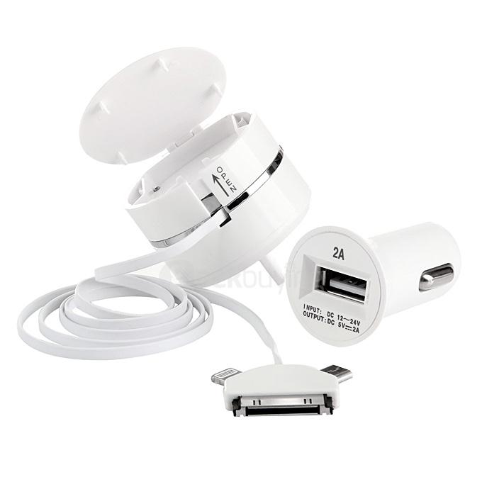 Mini 3-in-1 Pull-out Extensible Charging Cable & Car Charger for iPhone 4/ iPhone 5/ iPhone 6 and More - White