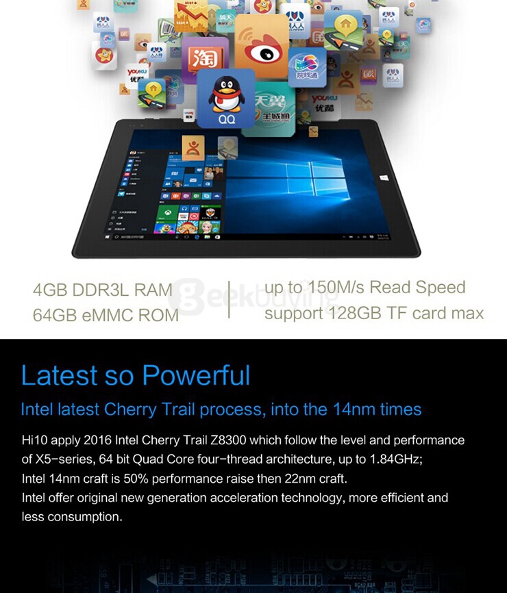 CHUWI Hi10 10 inch Intel Cherry Trail Z8300 Dual OS Windows10 + Android 5.1 4GB/64GB 2in1 Tablet Quad Core 1.84GHz IPS 1920*1200 - Black