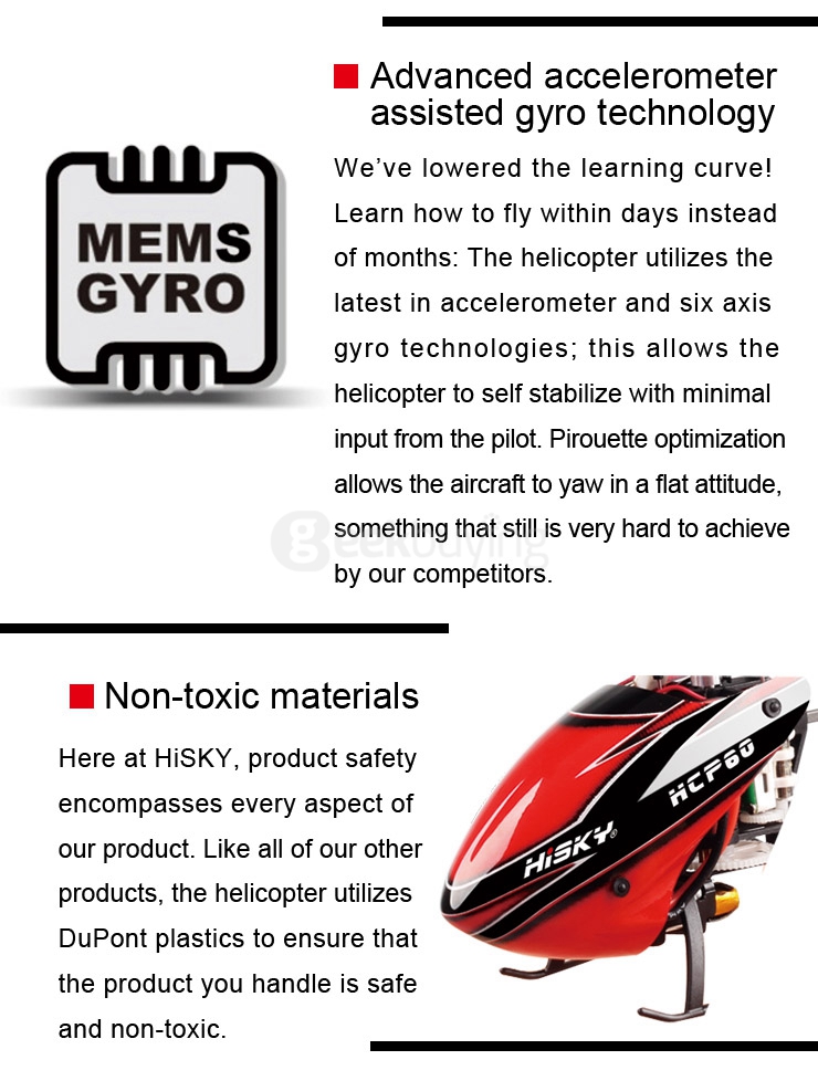 Hisky HCP60 6CH Mini RC Helicopter Flybarless 2.4G 6 Axis Gyro