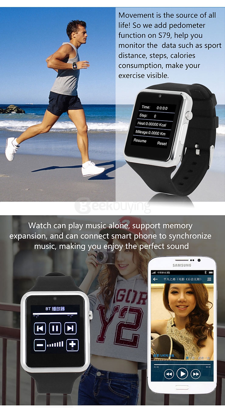 ZGPAX S79 Smart Watch Phone 1.54 Inch Touch Screen MTK6260 Bluetooth3.0 1.3MP Cam FM 2G Micro USB Handfree - Black