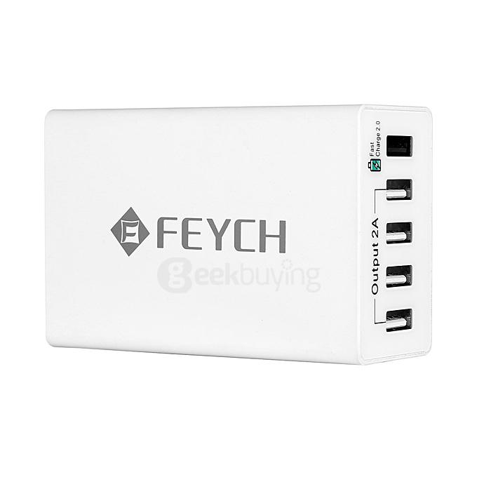 FETCH Quick Charge 2.0 50W 5Ports USB Charger Power Adapter for Smartphones - White