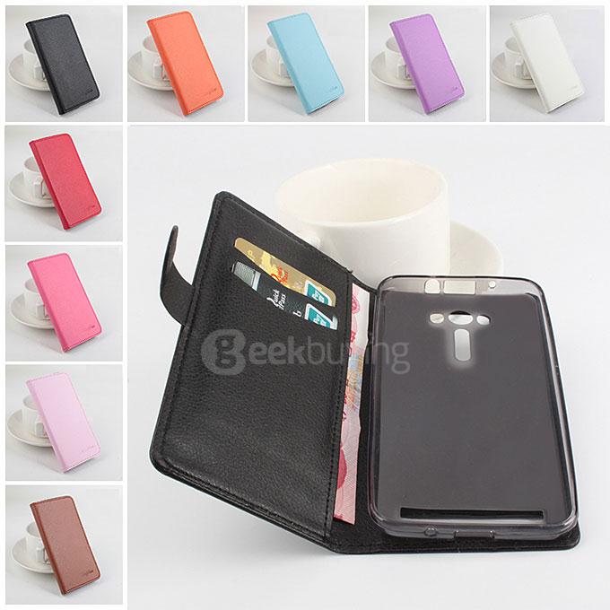 LingMao Protective Hard Cover Flip Stand Leather Case with Card Slots for ASUS Zenfone 2 Laser ZE550KL - White