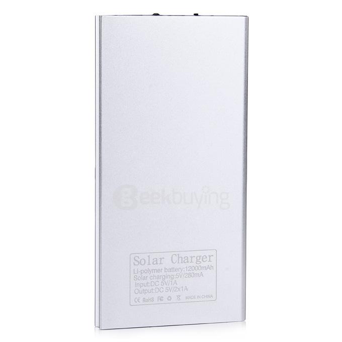 12000mAh Dual USB Solar Panel Power Bank External Backup Battery Portable Charger - Silver