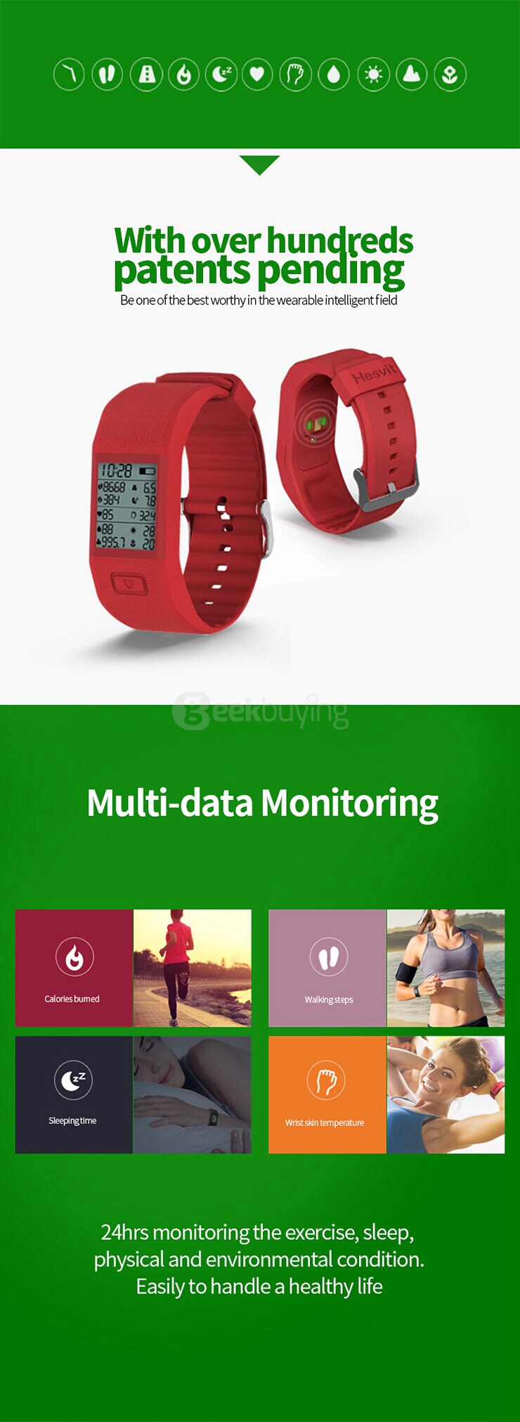 Hesvit S3 Bluetooth Smart Bracelet Watch with Fitness Tracker Automatic Activity Tracker for Andriod iOS - Black