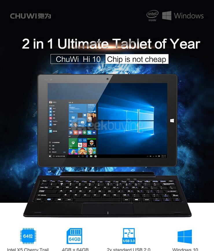 CHUWI Hi10 10 inch Intel Cherry Trail Z8300 Dual OS Windows10 + Android 5.1 4GB/64GB 2in1 Tablet Quad Core 1.84GHz IPS 1920*1200 - Black
