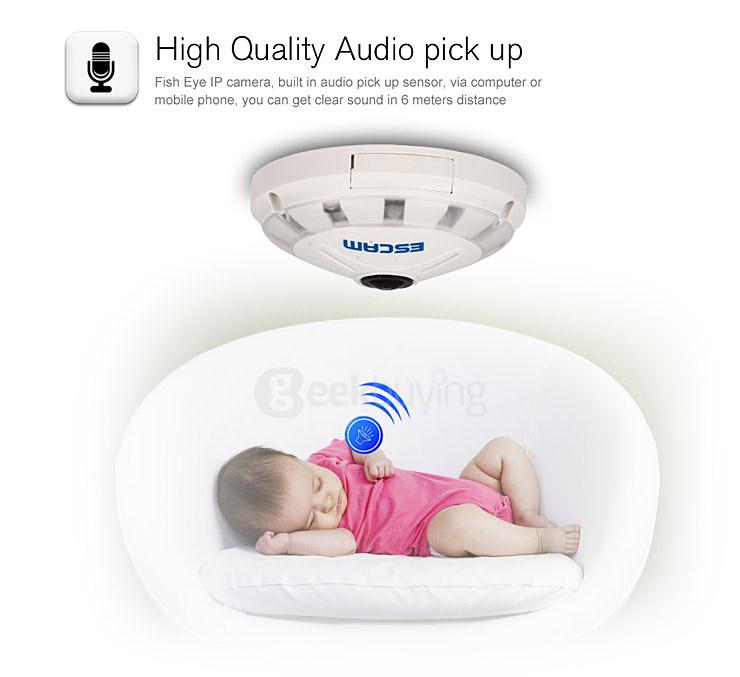 Escam Panarama QP130 3D 1.3MP Fish Eye 1280*1024 H.264 Onvif P2P Day/Night Network IP Camera - EU Plug