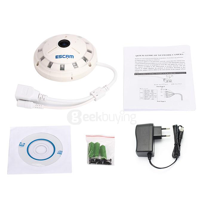 Escam Panarama QP130 3D 1.3MP Fish Eye 1280*1024 H.264 Onvif P2P Day/Night Network IP Camera - EU Plug
