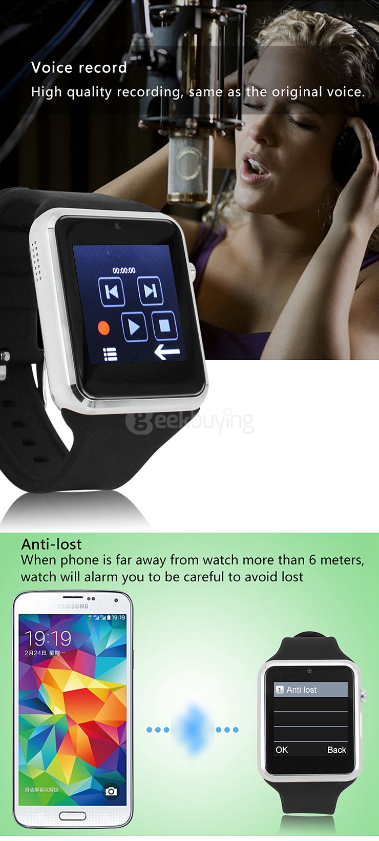 ZGPAX S79 Smart Watch Phone 1.54 Inch Touch Screen MTK6260 Bluetooth3.0 1.3MP Cam FM 2G Micro USB Handfree - Black