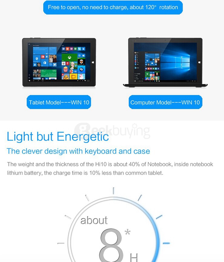 CHUWI Hi10 10 inch Intel Cherry Trail Z8300 Dual OS Windows10 + Android 5.1 4GB/64GB 2in1 Tablet Quad Core 1.84GHz IPS 1920*1200 - Black