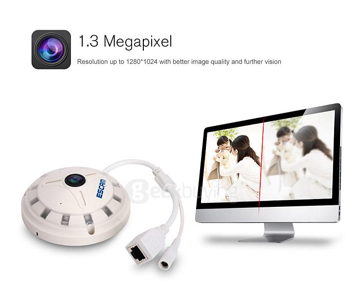 Escam Panarama QP130 3D 1.3MP Fish Eye 1280*1024 H.264 Onvif P2P Day/Night Network IP Camera - EU Plug