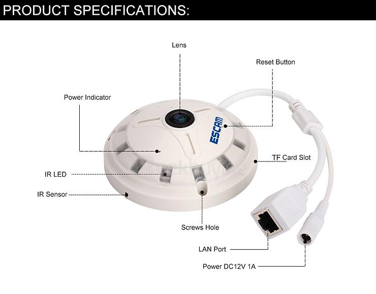 Escam Panarama QP130 3D 1.3MP Fish Eye 1280*1024 H.264 Onvif P2P Day/Night Network IP Camera - EU Plug