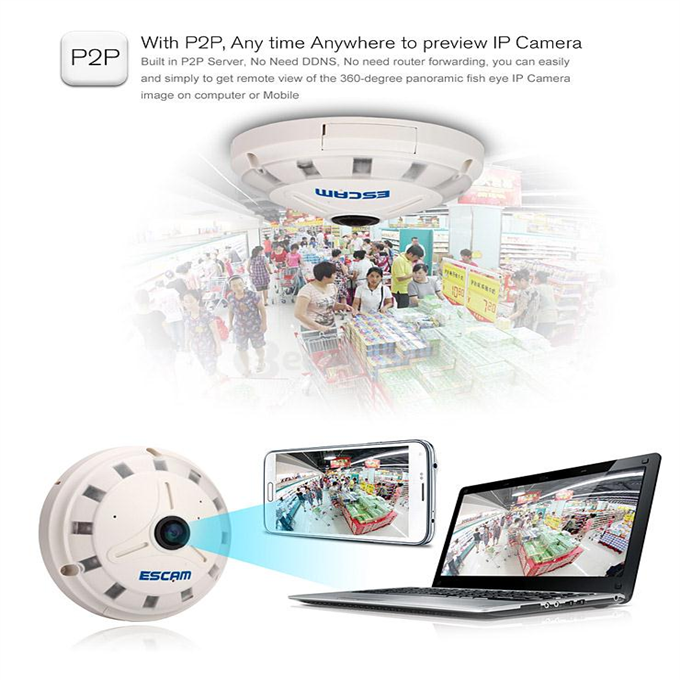Escam Panarama QP130 3D 1.3MP Fish Eye 1280*1024 H.264 Onvif P2P Day/Night Network IP Camera - EU Plug