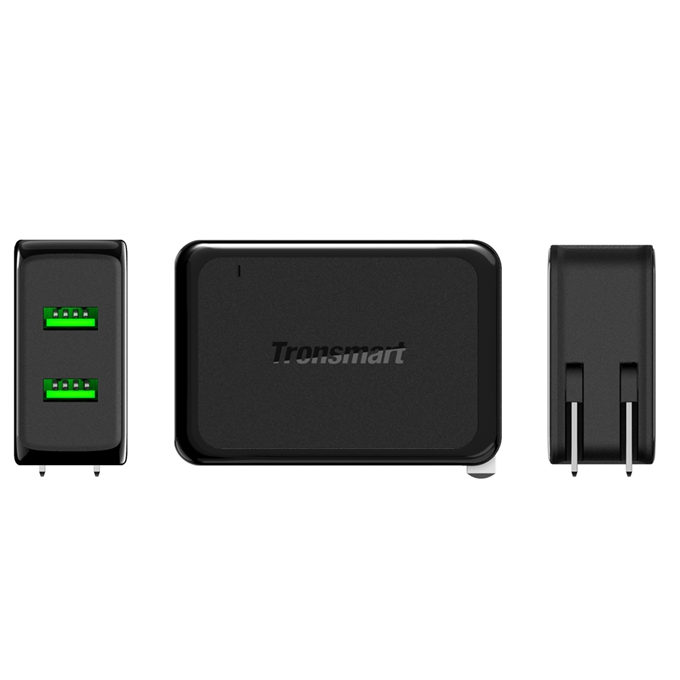 Tronsmart 36W Quick Charge 2.0 2 Ports Rapid Wall Charger VoltIQ Smart USB Stand-up Fast Wall Charger with1M/1.8M DC Cable - US Plug