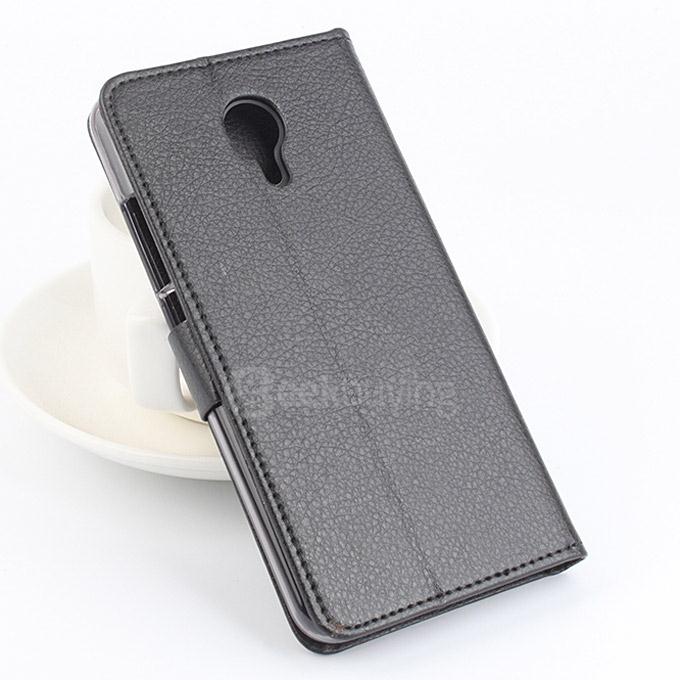 LingMao Litchi Peel Texture Protective Hard Cover Flip Stand Leather Case /Card Slots MEIZU Metal - Black