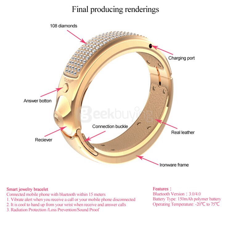 XiaoCai G1 Galant Smart Jewelry Bracelet Bluetooth 3.0/4.0 Smartband Fitness Tracker Call Reminder with 108 SWAROVSKI Diamonds Wristband for Android iOS - Rose Gold