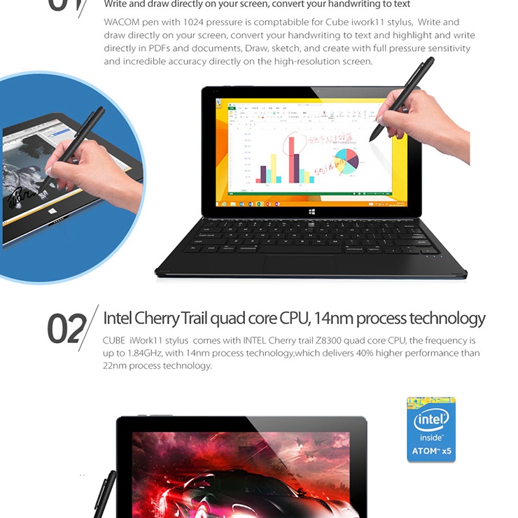 CUBE iWork11 Stylus Tablet PC 10.6 inch Windows10 4GB/64GB Intel Cherry Trail Z8300 Quad Core 1.84GHz IPS 1920*1080 - Deep Blue