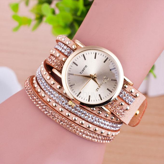T6520 Striped Rivets Digital Watch Diamond Bracelets - Khaki