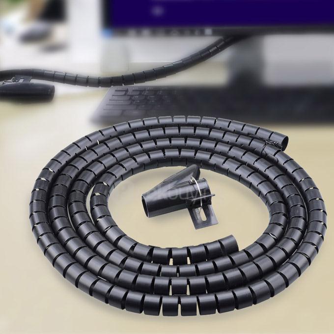 PE Cable And Wire Spiral Tidy Wrap with Clip Organizer for Wire Management 250CM - Black