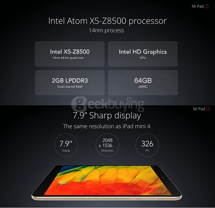 Xiaomi MiPad 2 Android5.1 Tablet PC 2GB/64GB 7.9 Inch Intel Cherry Trail Z8500 Quad Core 2.2GHz IPS 2048*1536 Type-C Bluetooth 4.1 - Pink